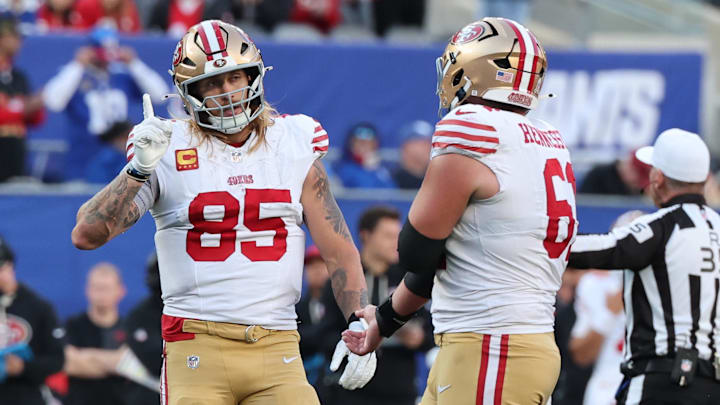 Nov 2, 2025; East Rutherford, New Jersey, USA; San Francisco 49ers tight end George Kittle (85) waves his finger after a penalty on the New York Giants during the second half at MetLife Stadium. Mandatory Credit: Ed Mulholland-Imagn Images