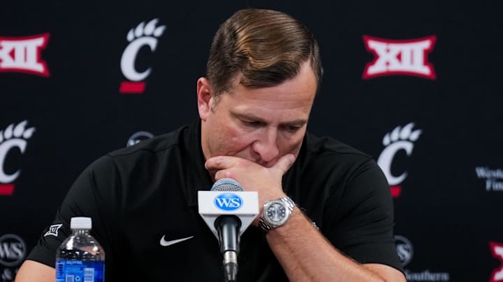 Jan 17, 2026; Cincinnati, Ohio, USA;  Iowa State Cyclones head coach T.J. Otzelberger answers questions from the media after his team’s game against Cincinnati Bearcats at Fifth Third Arena. 