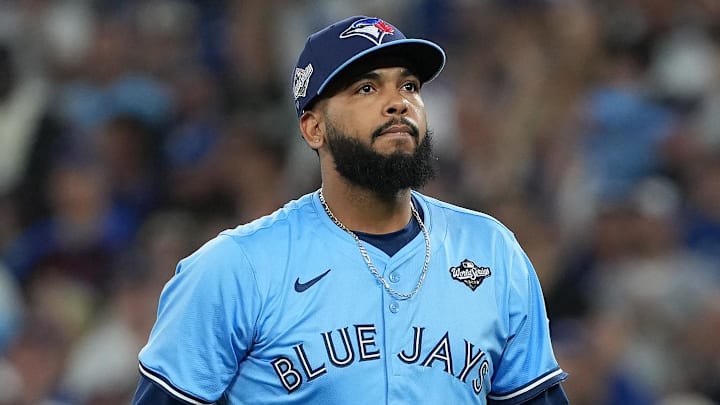 Toronto Blue Jays pitcher Seranthony Dominguez (48) against the Los Angeles Dodgers in the eighth inning of Game 6 of the 2025 MLB World Series at Rogers Centre. 