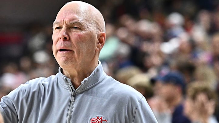 Jan 31, 2026; Spokane, Washington, USA; Saint Mary's Gaels head coach Randy Bennett talks with an official during a game against the Gonzaga Bulldogs in the second half at McCarthey Athletic Center. Mandatory Credit: James Snook-Imagn Images