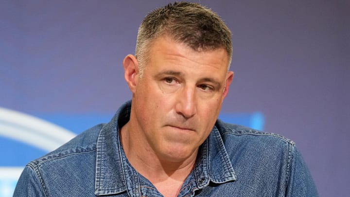 Feb 25, 2026; Indianapolis, IN, USA; New England Patriots coach Mike Vrabel speaks during the NFL Scouting Combine at the Indiana Convention Center. Mandatory Credit: Kirby Lee-Imagn Images
