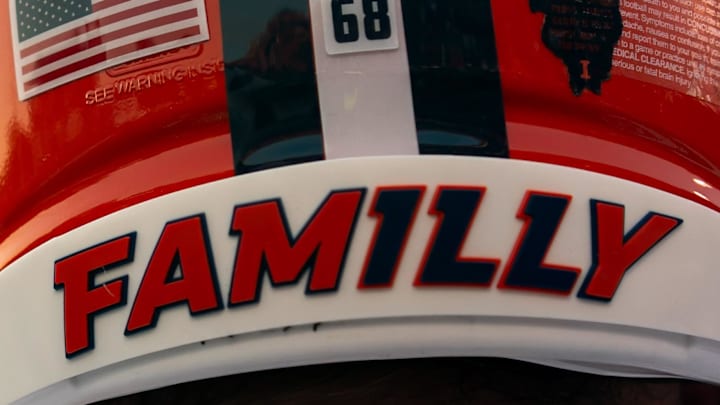 Sep 8, 2023; Lawrence, Kansas, USA; A general view of the helmet worn by Illinois Fighting Illini offensive lineman Zachary Barlev (68) during the first half against the Kansas Jayhawks at David Booth Kansas Memorial Stadium. Mandatory Credit: Jay Biggerstaff-Imagn Images