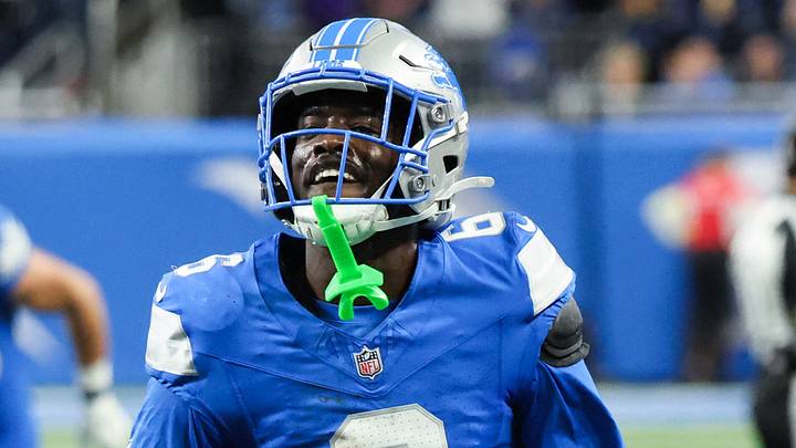 Nov 2, 2025; Detroit, Michigan, USA; Detroit Lions cornerback Terrion Arnold (6) celebrates an interception in the second quarter against the Minnesota Vikings at Ford Field. Mandatory Credit: David Reginek-Imagn Images