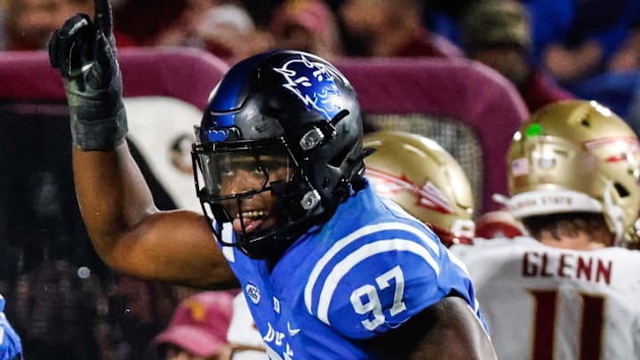 Oct 18, 2024; Durham, North Carolina, USA;  Duke Blue Devils defensive end Wesley Williams (97) celebrates a down during the first half of the game against Florida State at Wallace Wade Stadium. Mandatory Credit: Jaylynn Nash-Imagn Images