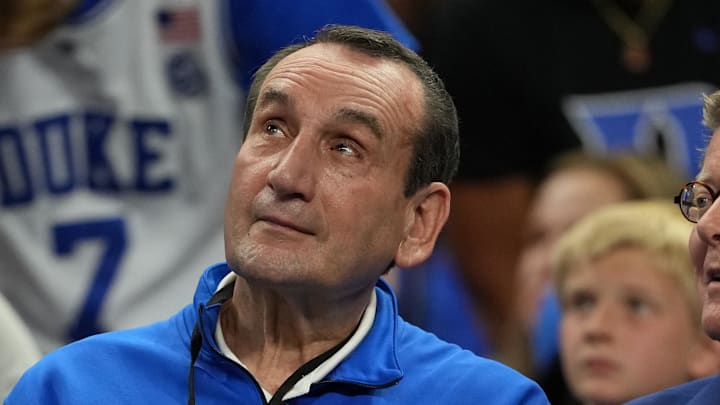 Apr 5, 2025; San Antonio, TX, USA; Former Duke Blue Devils men's basketball head coach Mike Krzyzewski, Mickie Krzyzewski and Duke University president Vincent Price look on during the second half in the semifinals of the men's Final Four of the 2025 NCAA Tournament at the Alamodome.