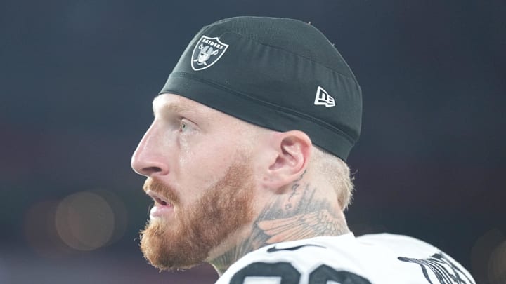 Aug 23, 2025; Glendale, Arizona, USA; Las Vegas Raiders defensive end Maxx Crosby (98) looks on against the Arizona Cardinals during the first half at State Farm Stadium. Mandatory Credit: Joe Camporeale-Imagn Images