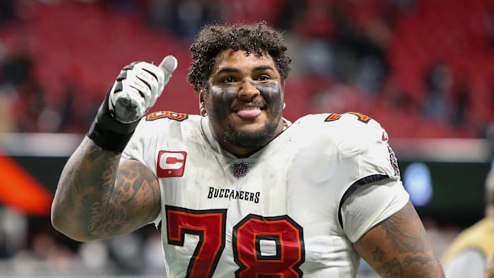Tampa Bay Buccaneers offensive tackle Tristan Wirfs celebrates after a victory against the Atlanta Falcons.
