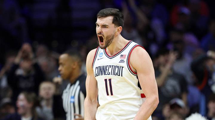 Mar 20, 2026; Philadelphia, PA, USA; UConn Huskies forward Alex Karaban (11) reacts against the Furman Paladins in the second half during a first round game of the men's 2026 NCAA Tournament at Xfinity Mobile Arena. Mar 20, 2026; Philadelphia, PA, USA; UConn Huskies forward Alex Karaban (11) reacts against the Furman Paladins in the second half during a first round game of the men's 2026 NCAA Tournament at Xfinity Mobile Arena.