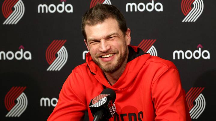 Feb 9, 2026; Portland, Oregon, USA; Portland Trail Blazers Interim Head Coach Tiago Splitter reacts during a press before the Traill Blazers play against Philadelphia 76ers at Moda Center. Mandatory Credit: Jaime Valdez-Imagn Images Feb 9, 2026; Portland, Oregon, USA; Portland Trail Blazers Interim Head Coach Tiago Splitter reacts during a press before the Traill Blazers play against Philadelphia 76ers at Moda Center. Mandatory Credit: Jaime Valdez-Imagn Images