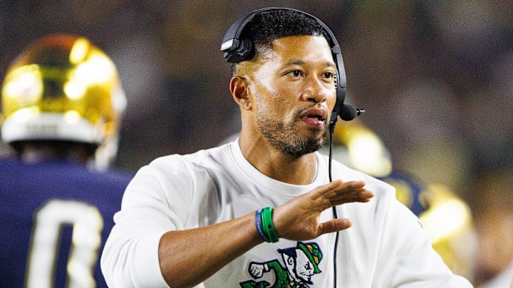 Notre Dame head coach Marcus Freeman celebrates after scoring a touchdown in the first half of a NCAA football game against Texas A&M at Notre Dame Stadium on Saturday, Sept. 13, 2025, in South Bend.d Notre Dame head coach Marcus Freeman celebrates after scoring a touchdown in the first half of a NCAA football game against Texas A&M at Notre Dame Stadium on Saturday, Sept. 13, 2025, in South Bend.d