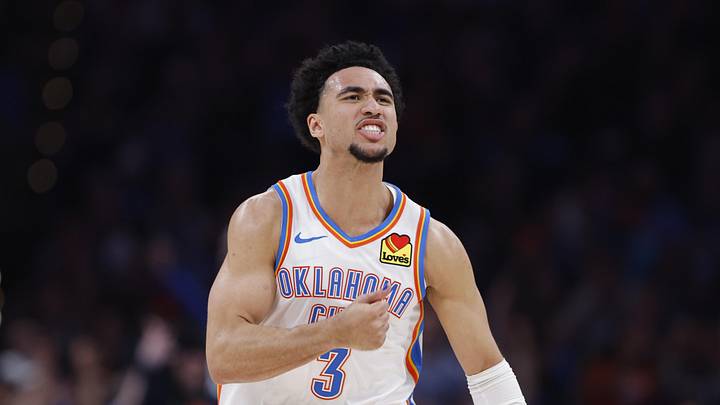Mar 15, 2026; Oklahoma City, Oklahoma, USA; Oklahoma City Thunder guard Jared McCain (3) celebrates after scoring against the Minnesota Timberwolves during the second half at Paycom Center. Mandatory Credit: Alonzo Adams-Imagn Images