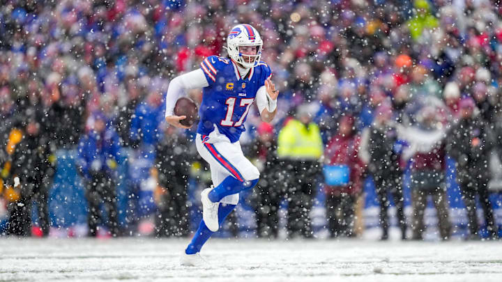 Buffalo Bills’ quarterback Josh Allen (17) breaks away for a touchdown run in the fourth quarter of the NFL Week 14 game between the Buffalo Bills and the Cincinnati Bengals at Highmark Stadium in Orchard Park, N.Y., Buffalo Bills’ quarterback Josh Allen (17) breaks away for a touchdown run in the fourth quarter of the NFL Week 14 game between the Buffalo Bills and the Cincinnati Bengals at Highmark Stadium in Orchard Park, N.Y.,