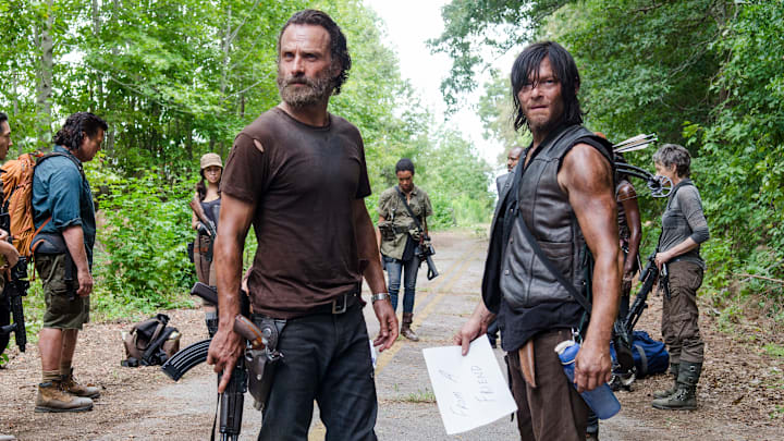 Lauren Cohan as Maggie Greene, Steven Yeun as Glenn Rhee, Josh McDermitt as Dr. Eugene Porter, Christian Serratos as Rosita Espinosa, Andrew Lincoln as Rick Grimes, Sonequa Martin-Green as Sasha, Norman Reedus as Daryl Dixon and Melissa McBride as Carol Peletier - The Walking Dead _ Season 5, Episode 10 - Photo Credit: Gene Page/AMC
