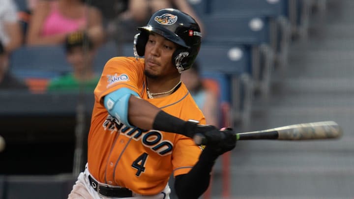 Angel Genao at bat. Akron Rubber Ducks host Richmond Flying Squirrels on July 9 at Canal Park.