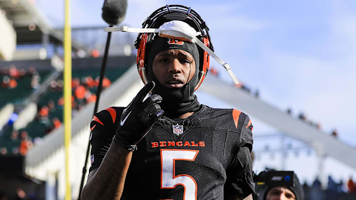 Dec 22, 2024; Cincinnati, Ohio, USA; Cincinnati Bengals wide receiver Tee Higgins (5) acknowledges fans during warmups before the game against the Cleveland Browns at Paycor Stadium. Mandatory Credit: Katie Stratman-Imagn Images
