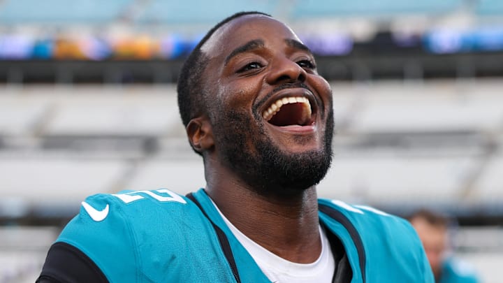 Sep 7, 2025; Jacksonville, Florida, USA; Jacksonville Jaguars cornerback Jourdan Lewis (2) reacts after beating the Carolina Panthers at EverBank Stadium. 