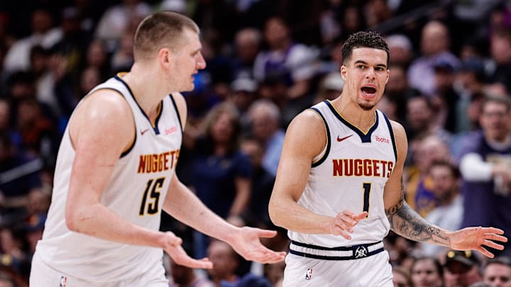 Mar 21, 2024; Denver, Colorado, USA; Denver Nuggets forward Michael Porter Jr. (1) and center Nikola Jokic (15) in the third quarter against the New York Knicks at Ball Arena. Mandatory Credit: Isaiah J. Downing-Imagn Images Mar 21, 2024; Denver, Colorado, USA; Denver Nuggets forward Michael Porter Jr. (1) and center Nikola Jokic (15) in the third quarter against the New York Knicks at Ball Arena. Mandatory Credit: Isaiah J. Downing-Imagn Images