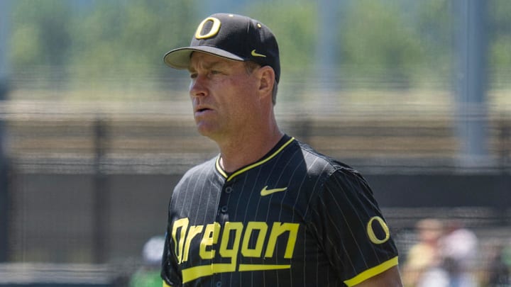 Oregon baseball coach Mark Wasikowski before the game against Cal Poly at PK Park.