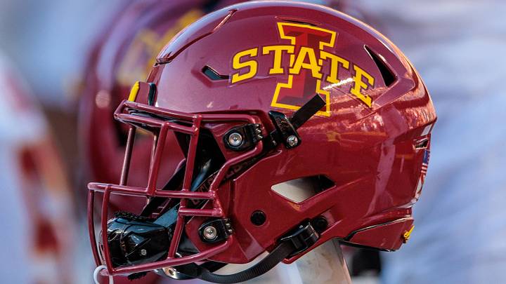 Nov 9, 2024; Kansas City, Missouri, USA; Iowa State Cyclones helmets on the bench during the first quarter against the Kansas Jayhawks at GEHA Field at Arrowhead Stadium. Nov 9, 2024; Kansas City, Missouri, USA; Iowa State Cyclones helmets on the bench during the first quarter against the Kansas Jayhawks at GEHA Field at Arrowhead Stadium.
