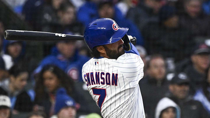 Apr 20, 2026; Chicago, Illinois, USA;  Chicago Cubs shortstop Dansby Swanson (7) hits a three run home run against the Philadelphia Phillies during the second inning at Wrigley Field. Mandatory Credit: Matt Marton-Imagn Images