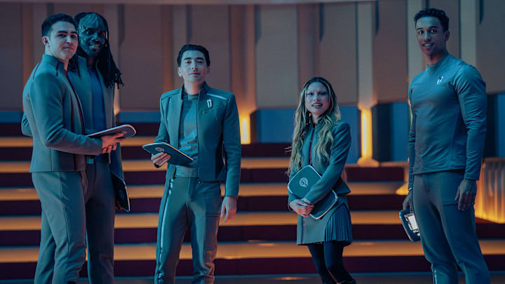 L-R: George Hawkins as Darem, Karim Diané as Jay-Den, Romeo Carere as Ocam, Bella Shepard as Genesis, and Sandro Rosta as Caleb in season 1, episode 8, of Star Trek: Starfleet Academy streaming on Paramount+. Photo Credit: John Medland/Paramount+