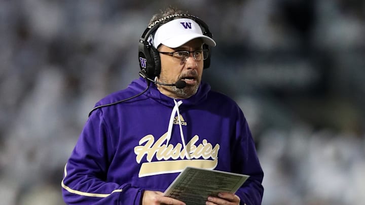 Nov 9, 2024; University Park, Pennsylvania, USA; Washington Huskies head coach Jedd Fisch looks on during the third quarter against the Penn State Nittany Lions at Beaver Stadium. Penn State won 35-6. Mandatory Credit: Matthew O'Haren-Imagn Images