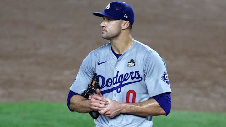 Oct 30, 2024; New York, New York, USA; Los Angeles Dodgers pitcher Jack Flaherty (0) reacts after giving up a home run during the second inning against the New York Yankees in game five of the 2024 MLB World Series at Yankee Stadium Oct 30, 2024; New York, New York, USA; Los Angeles Dodgers pitcher Jack Flaherty (0) reacts after giving up a home run during the second inning against the New York Yankees in game five of the 2024 MLB World Series at Yankee Stadium