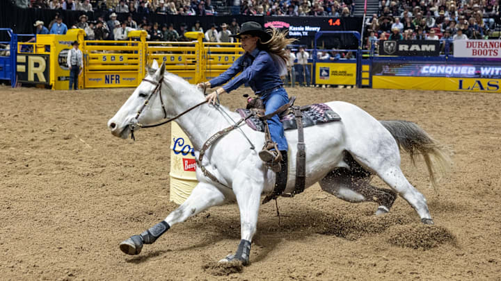 Kassie Mowry competing at the 2023 Wrangler National Finals Rodeo Kassie Mowry competing at the 2023 Wrangler National Finals Rodeo