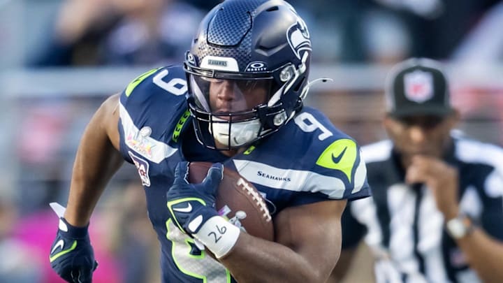 Feb 8, 2026; Santa Clara, CA, USA; Seattle Seahawks running back Kenneth Walker III (9) against the New England Patriots during Super Bowl LX at Levi's Stadium. Mandatory Credit: Mark J. Rebilas-Imagn Images