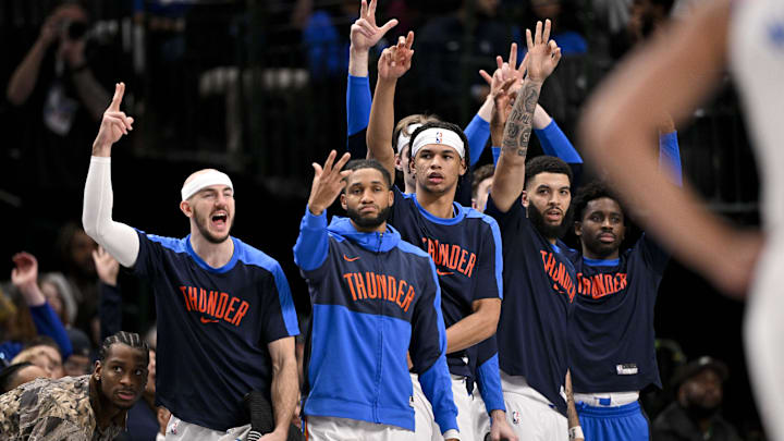 Jan 17, 2025; Dallas, Texas, USA; The Oklahoma City Thunder team bench celebrates during the second half against the Dallas Mavericks at the American Airlines Center. Mandatory Credit: Jerome Miron-Imagn Images Jan 17, 2025; Dallas, Texas, USA; The Oklahoma City Thunder team bench celebrates during the second half against the Dallas Mavericks at the American Airlines Center. Mandatory Credit: Jerome Miron-Imagn Images