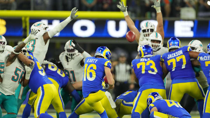 Nov 11, 2024; Inglewood, California, USA; Los Angeles Rams place kicker Joshua Karty (16) kicks a 53-yard field goal against the Miami Dolphins in the second half at SoFi Stadium. Mandatory Credit: Kirby Lee-Imagn Images