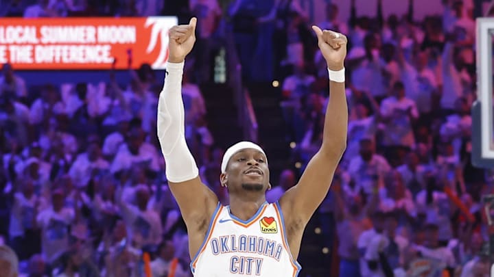 Apr 20, 2025; Oklahoma City, Oklahoma, USA; Oklahoma City Thunder guard Shai Gilgeous-Alexander (2) celebrates after scoring against the Memphis Grizzlies during the second quarter at Paycom Center. Mandatory Credit: Alonzo Adams-Imagn Images