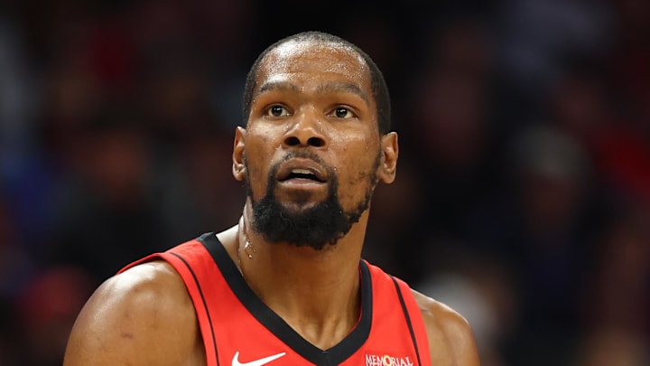 Apr 7, 2026; Phoenix, Arizona, USA; Houston Rockets forward Kevin Durant (7) against the Phoenix Suns at Mortgage Matchup Center. Mandatory Credit: Mark J. Rebilas-Imagn Images