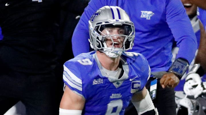 Middle Tennessee linebacker Parker Hughes (9) celebrates his interception in the final moments of the NCAA college football game against Sam Houston on Saturday, Nov. 22, 2025, at Middle Tennessee.