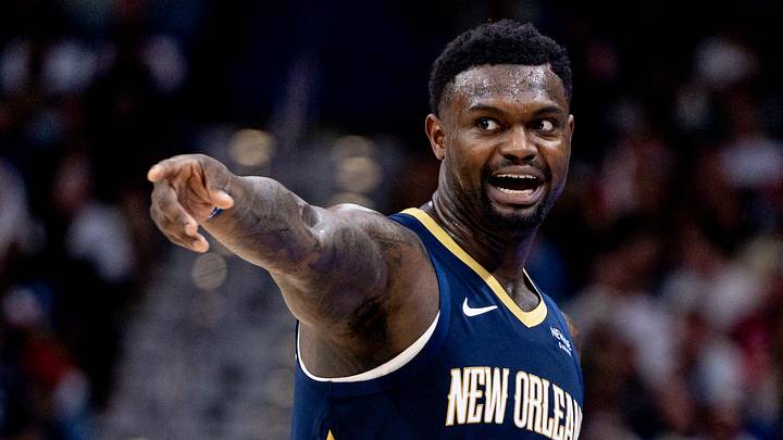 Oct 24, 2025; New Orleans, Louisiana, USA;  New Orleans Pelicans forward Zion Williamson (1) reacts to a play against the San Antonio Spurs during the second half at Smoothie King Center. Mandatory Credit: Stephen Lew-Imagn Images