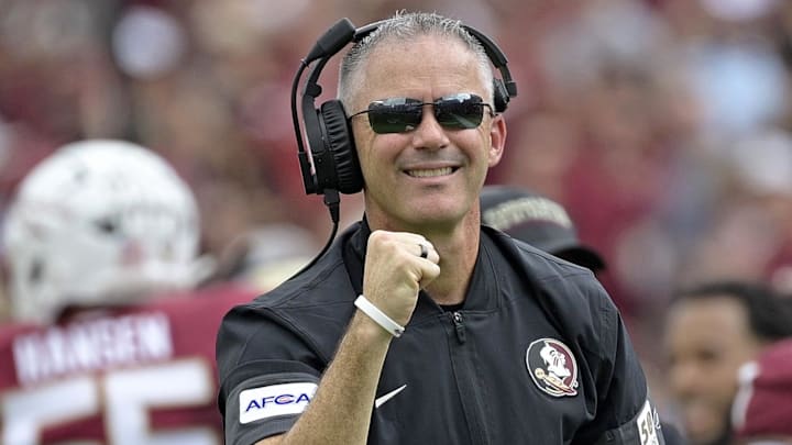 Sep 20, 2025; Tallahassee, Florida, USA; Florida State Seminoles head coach Mike Norvell reacts after a touchdown during the first half against the Kent State Golden Flashes at Doak S. Campbell Stadium. Mandatory Credit: Melina Myers-Imagn Images