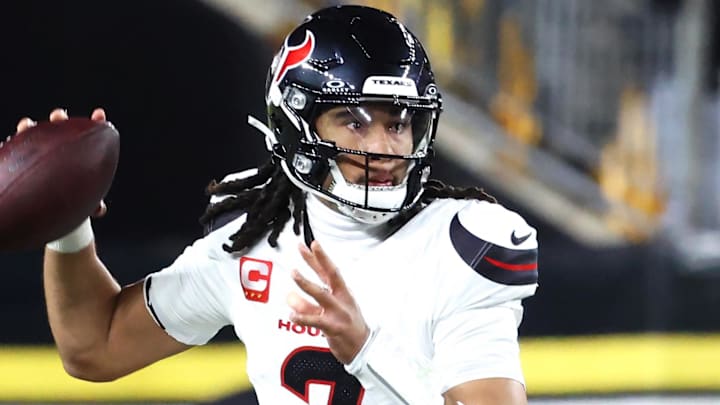 Jan 12, 2026; Pittsburgh, PA, USA; Houston Texans quarterback C.J. Stroud (7) throws during the first half of an AFC Wild Card Round game against the Pittsburgh Steelers at Acrisure Stadium. Mandatory Credit: Charles LeClaire-Imagn Images