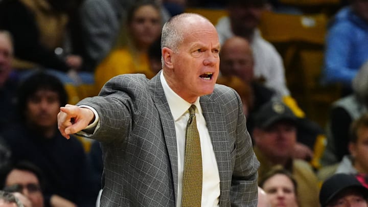 Jan 10, 2026; Boulder, Colorado, USA; Colorado Buffaloes head coach Tad Boyle calls out in the first half against the Texas Tech Red Raiders at the CU Events Center.