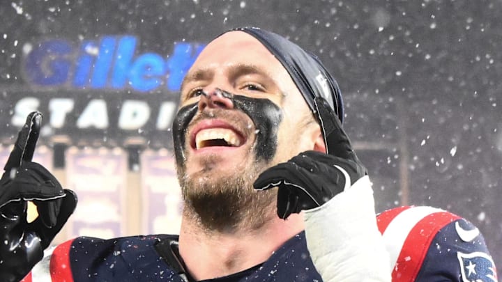Jan 18, 2026; Foxborough, MA, USA; New England Patriots linebacker Robert Spillane (14) reacts after defeating the Houston Texans in an AFC Divisional Round game at Gillette Stadium. Mandatory Credit: Brian Fluharty-Imagn Images