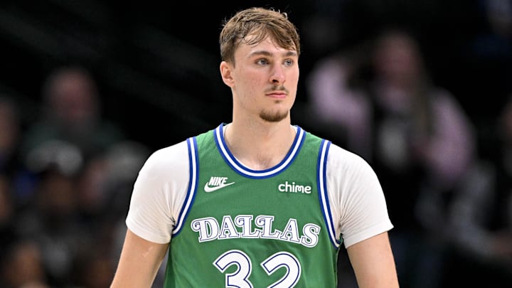 Nov 12, 2025; Dallas, Texas, USA; Dallas Mavericks forward Cooper Flagg (32) walks back up the court during the second half against the Phoenix Suns at the American Airlines Center. Mandatory Credit: Jerome Miron-Imagn Images