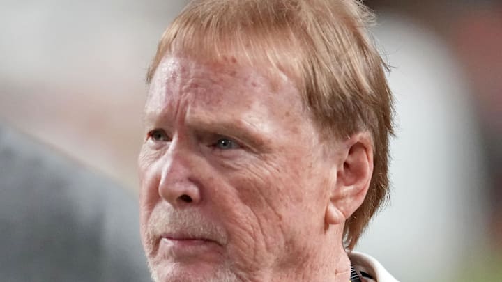 Jan 19, 2026; Miami Gardens, FL, USA; Las Vegas Raiders owner Mark Davis walks on the field before the CFP National Championship college football game between the Indiana Hoosiers and the Miami Hurricanes at Hard Rock Stadium. Mandatory Credit: Kirby Lee-Imagn Images