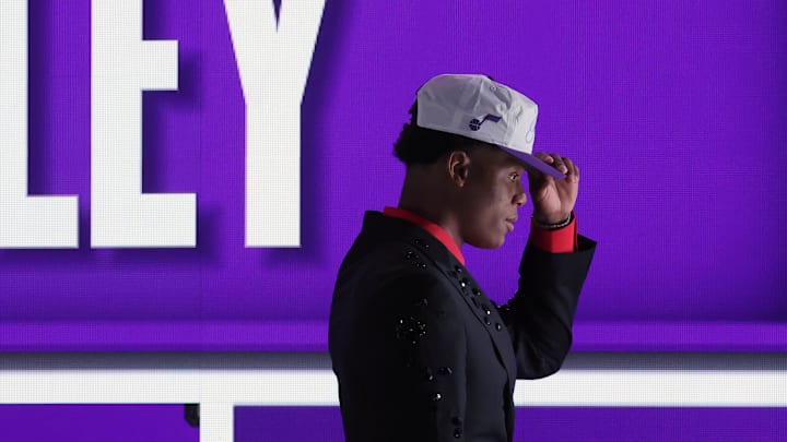 Jun 25, 2025; Brooklyn, NY, USA;  Ace Bailey looks on after being selected as the fifth pick by the Utah in the first round of the 2025 NBA Draft at Barclays Center. Mandatory Credit: Brad Penner-Imagn Images