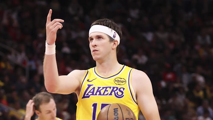 Mar 16, 2026; Houston, Texas, USA; Los Angeles Lakers guard Austin Reaves (15) motions towards the net before attempting a tecnical foul free throw during the third quarter against the Houston Rockets at Toyota Center. Mandatory Credit: Troy Taormina-Imagn Images Mar 16, 2026; Houston, Texas, USA; Los Angeles Lakers guard Austin Reaves (15) motions towards the net before attempting a tecnical foul free throw during the third quarter against the Houston Rockets at Toyota Center. Mandatory Credit: Troy Taormina-Imagn Images