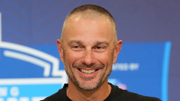 Feb 24, 2026; Indianapolis, IN, USA; Las Vegas Raiders general manager John Spytek speaks at the NFL Scouting Combine at the Indiana Convention Center. Mandatory Credit: Kirby Lee-Imagn Images