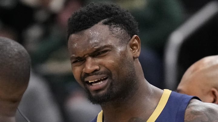 Feb 4, 2026; Milwaukee, Wisconsin, USA;  New Orleans Pelicans forward Zion Williamson (1) argues with referee James Williams (60) after being called for an offensive foul during overtime against the Milwaukee Bucks at Fiserv Forum. Mandatory Credit: Jeff Hanisch-Imagn Images