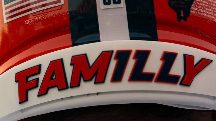 Sep 8, 2023; Lawrence, Kansas, USA; A general view of the helmet worn by Illinois Fighting Illini offensive lineman Zachary Barlev (68) during the first half against the Kansas Jayhawks at David Booth Kansas Memorial Stadium. Mandatory Credit: Jay Biggerstaff-Imagn Images