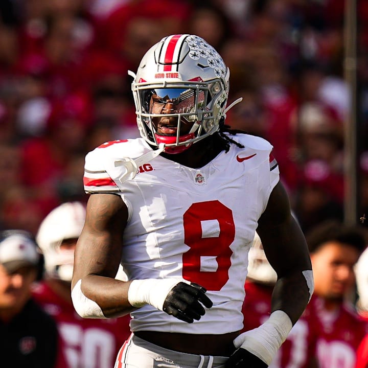 Ohio State Buckeyes linebacker Arvell Reese reacts during the game against the Wisconsin Badgers.