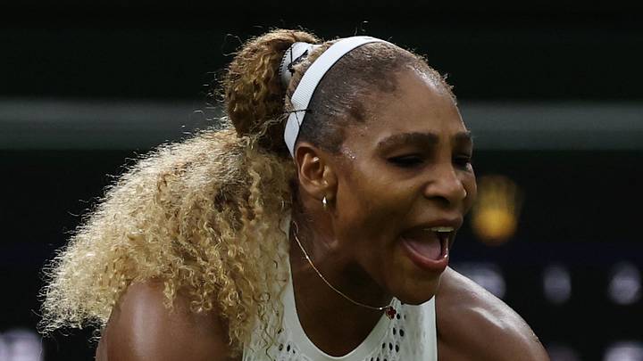 Serena Williams reacts after losing a point at Wimbledon