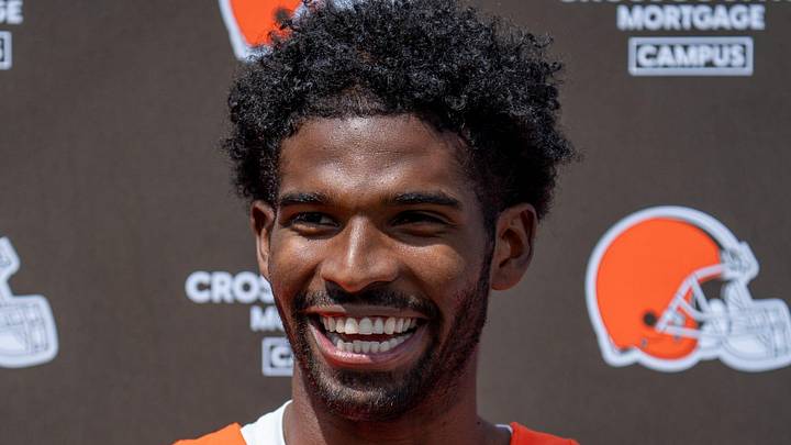 Shedeur Sanders answers media questions at the end of the Browns mini camp in Berea on April 21, 2026.