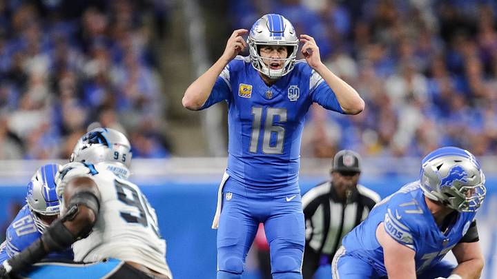 Detroit Lions quarterback Jared Goff talks to teammates before a snap against Carolina Panthers during the first half at Ford Field in Detroit on Sunday, Oct. 8, 2023. Detroit Lions quarterback Jared Goff talks to teammates before a snap against Carolina Panthers during the first half at Ford Field in Detroit on Sunday, Oct. 8, 2023.